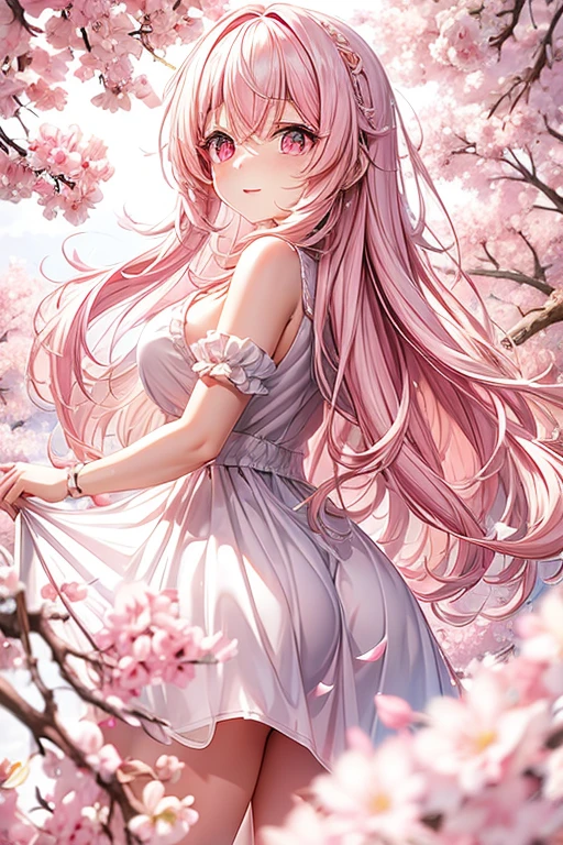 light pink hair, pink eyes, pink and white romper, sakura leaves, bright coloured, white gown, paint splash, simple background, ray tracing, wavy hair