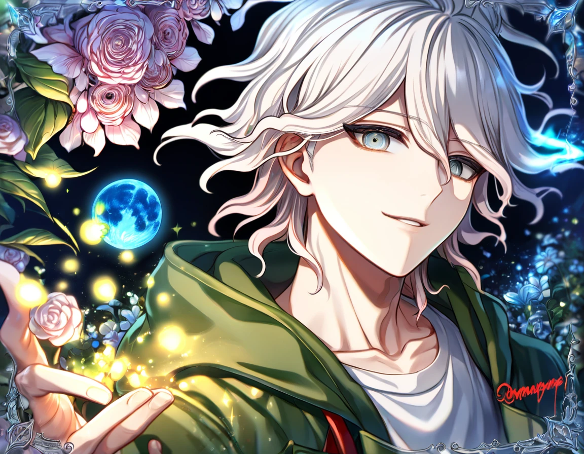 absurdres, highres, ultra detailed, HDR, master piece, Komaeda Nagito, white hair, expressive light green-grey eyes, green coat with a hoodie,white shirt, Danganronpa, man, handsome, best quality, blue moon, flowers, fantasy, magical, solo, water, blue shining fireflies, blue petals, handsome smile,
