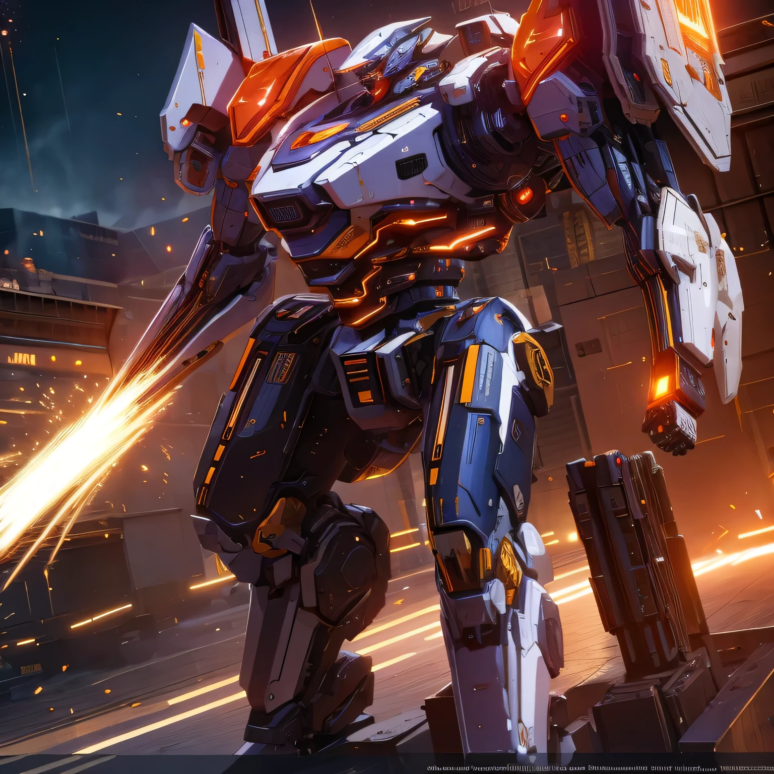 Orange mech with white details, carried a double tower-shaped shield. Square body and octagonal connections brought a more sacred air, as well as its heavy and massive size to withstand heavy blows. extremely detaild, intricate, 8K, HDR, naturallight, cinematic lighting, masterpiece-anatomy-perfect, ultra HD, Space Combat, Battlefield, Unreal Engine, RAW photo, metallic, professional, ultra-fine painting, perfect body proportions, anatomically correct, uhd, real texture material, Anti-Aliasing, FKAA, TXAA, RTX, SSAO, Post Processing, Post Production, Tone Mapping, CGI, VFX, SFXHyper maximalist, Volumetric, ultra photorealultra-detailed intricate details, 