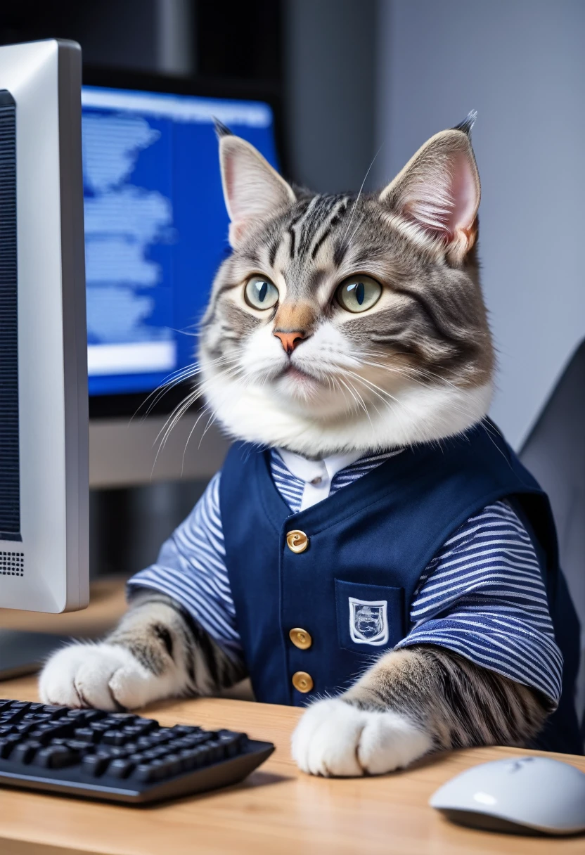 Cat programmer sitting at a computer with 3 screens displaying programming code, wearing youthful clothes, gray tabby cat with white paws and white nose, wearing a navy blue shirt, with a cunning look and in 3D