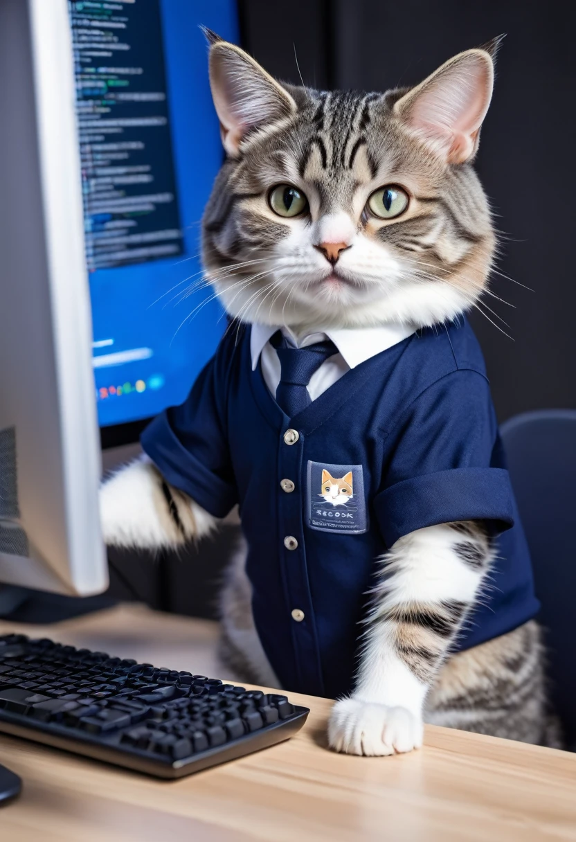 Cat programmer sitting at a computer with 3 screens displaying programming code, wearing youthful clothes, gray tabby cat with white paws and white nose, wearing a navy blue shirt, with a cunning look and in 3D