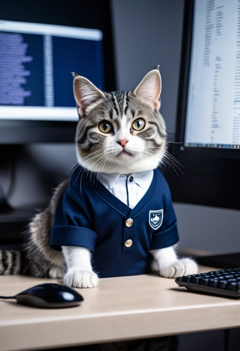 Cat programmer sitting at a computer with 3 screens displaying programming code, wearing youthful clothes, gray tabby cat with white paws and white nose, wearing a navy blue shirt, with a cunning look and in 3D