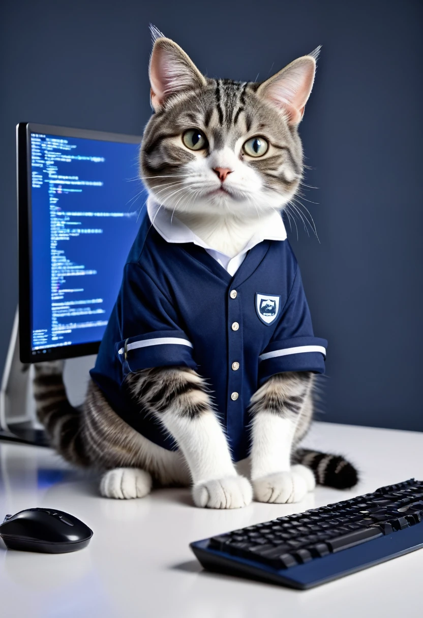 Cat programmer sitting at a computer with 3 screens displaying programming code, wearing youthful clothes, gray tabby cat with white paws and white nose, wearing a navy blue shirt, with a cunning look and in 3D