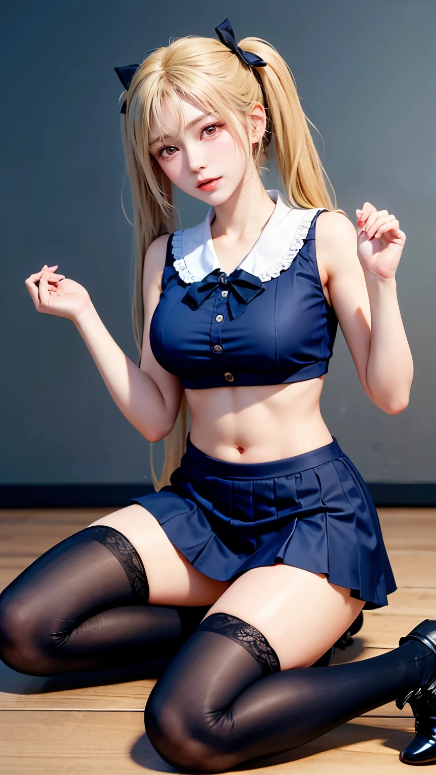 （Very delicate and beautiful：1.2）super model,,Big Breasts,Beautiful breasts,voluptuous,【bike shorts】,,【3girls】,,Highest quality, High resolution, 8K,mini skirt,Navy blue frilly sailor suit,Blonde twin tails,****ta Style,Right hand bandaged,boots