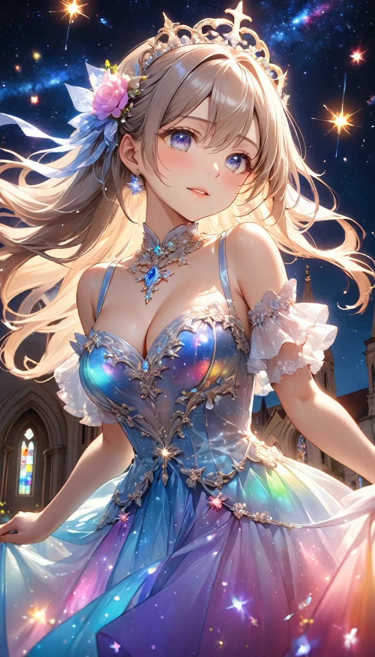 Highest quality, Highest quality, 16K, Unbelievably absurd, Very detailed, 2.5D, delicate and dynamic, under water, In the water, Swimming in the ocean, Brightly colored coral, Small faint lights and flying fireflies, night, Starry Sky, milky way, nebula, shooting star, Flowers,, Very delicate facial expressions, Delicate eye depiction, Upper body close-up, erotic, dynamic sexy poses, Only sexy women, Healthy body shape, 22-year-old woman, Aristocratic women, Height: 170cm, Large, firm, swaying bust, Colorful floral ornaments, Crystal translucent dress, Wrap your whole body in a semi-transparent cloth, A long dress with a complex structure, Colorful long dress, In the waterに浮かぶドレス