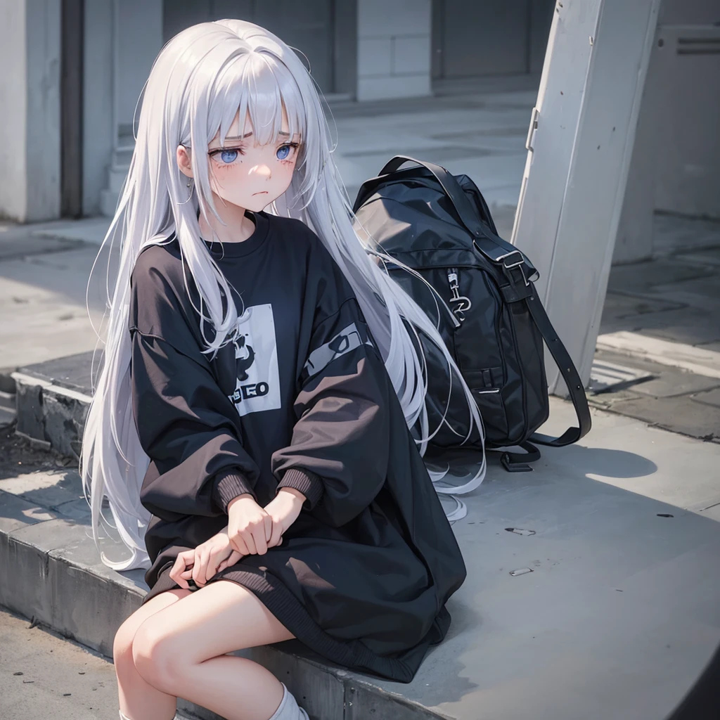 A sad girl with a sad expression, She is wearing baggy and sad clothes, She is always crying and has a droopy and discouraged appearance with clothes and appearance that portray sadness and loneliness., She resembles a mystical being 