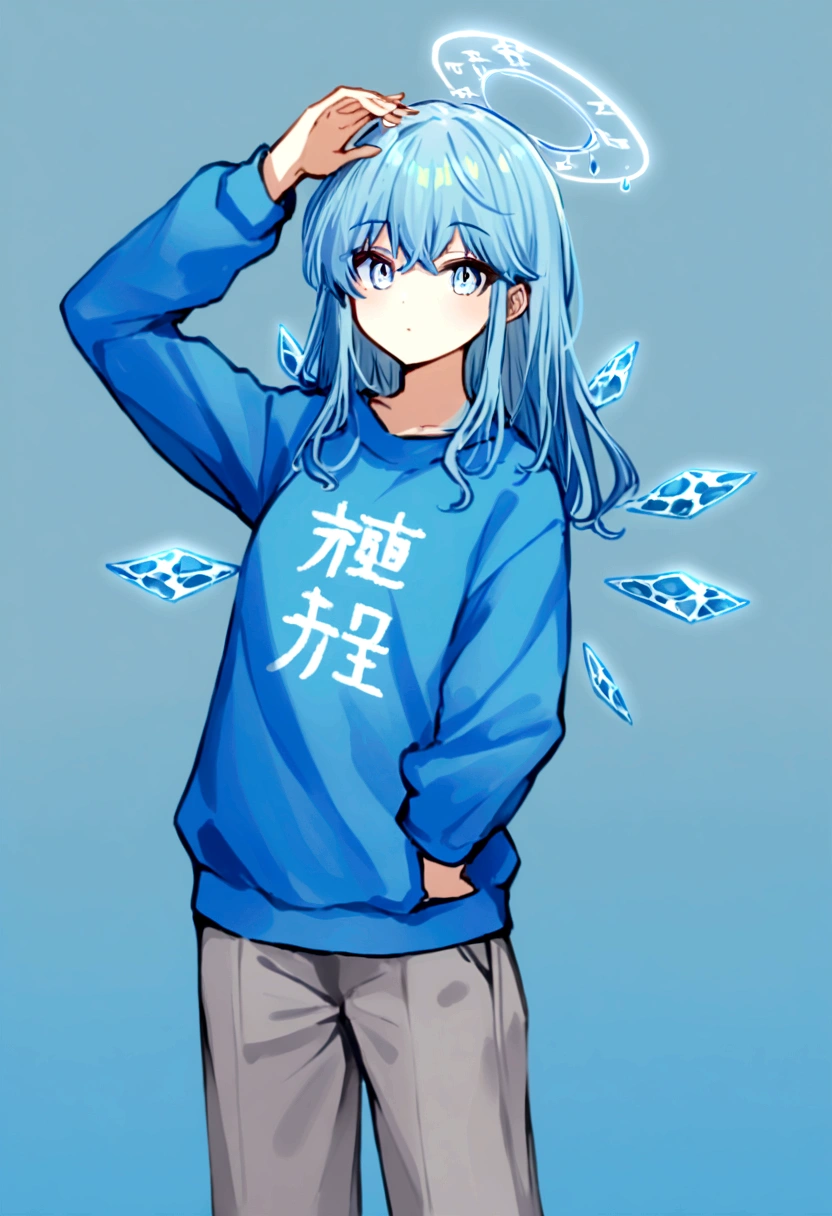 anime girl has blue long hair, drop of water drawn on the pupil, light blue eyes, a sweatshirt with the kanji 水, grey pants, with wings made of water, a blue halo on the head made of water, her name is mizuko
