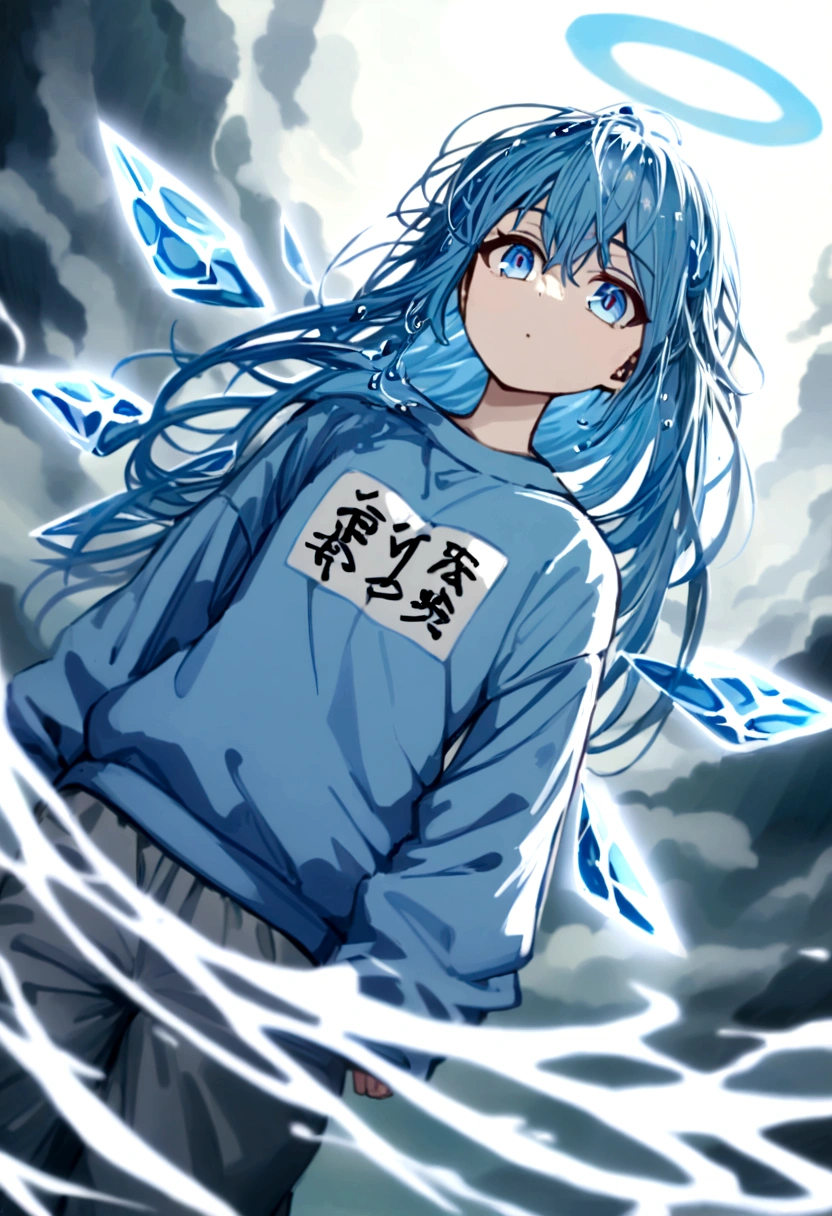 anime girl has blue long hair, drop of water drawn on the pupil, light blue eyes, a sweatshirt with the kanji 水, grey pants, with wings made of water, a blue halo on the head made of water, her name is mizuko