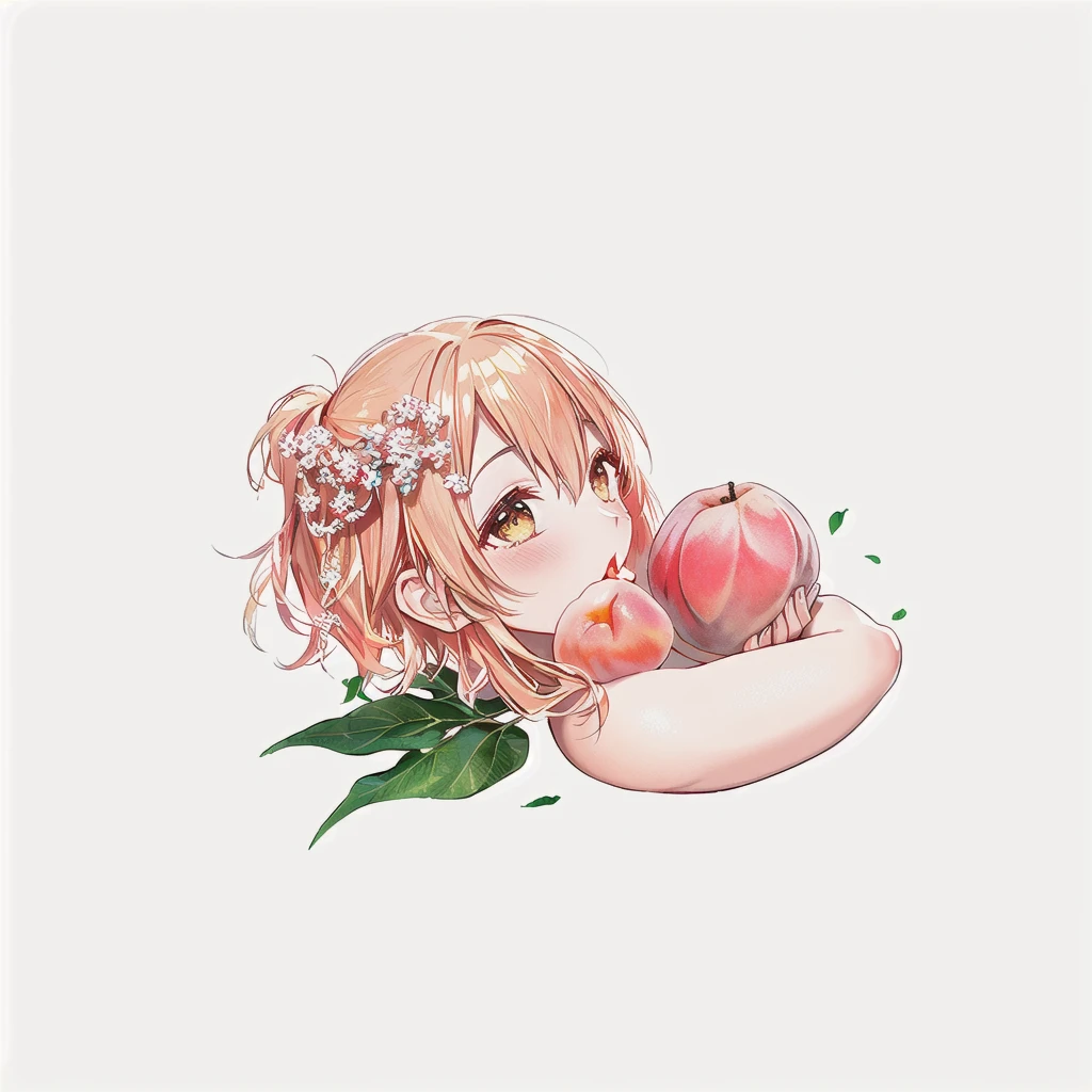 there is a half of a peach with a leaf on it, peach, peaches, a human-like juicy peach, peach embellishment, glowing peach face, she is easting a peach, illustration, in shades of peach, fruit, peach and goma style, Product Image, 2D, 2 d, 水蜜peach, Hot ,, detailed, she is eating a peach