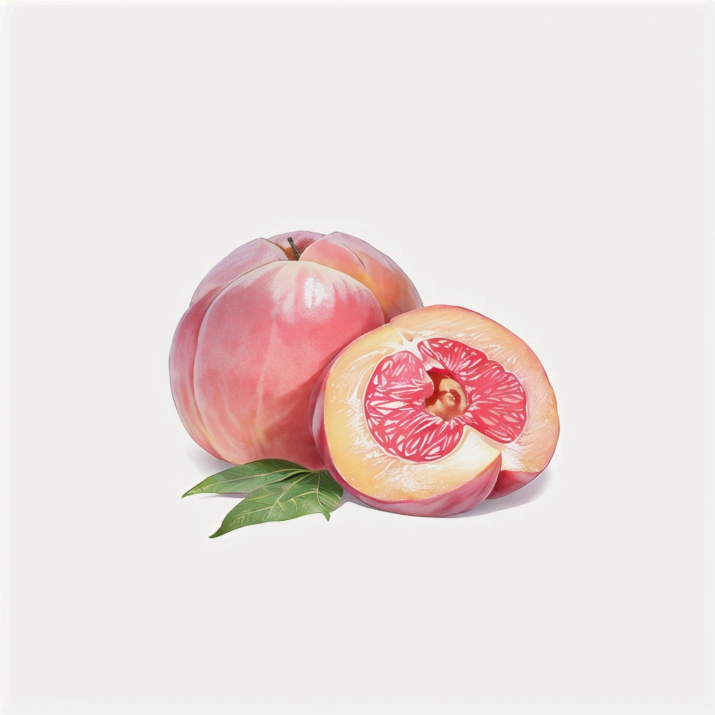 there is a half of a peach with a leaf on it, peach, peaches, a human-like juicy peach, peach embellishment, glowing peach face, she is easting a peach, illustration, in shades of peach, fruit, peach and goma style, Product Image, 2D, 2 d, 水蜜peach, Hot ,, detailed, she is eating a peach