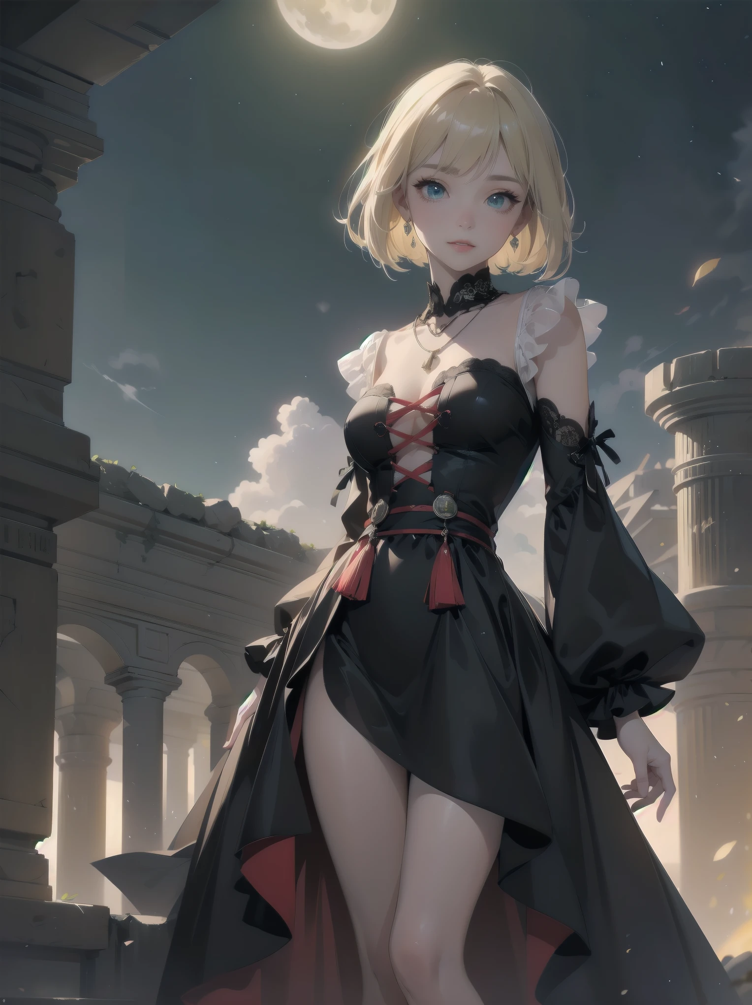 (Masterpiece:1.2), (Top quality: 1.2), Super high resolution, Very detailed,. 
BREAK.
, ((Anime girl standing with happiness in her hands)), Crazy girl, (1,ta,Boyish, , 12 y3), Light smile, , Girl looking like a boy, Bob-cut hair, Shaggy hair, Very large breasts, nubile, slender body, overflowing with soft fat mass. Small hips, Vertically large eyes, Fine and beautiful eyes, Well-proportioned irises and pupils, Expressive eyes, Beautifully detailed lips, High resolution detailed hair, Perfect eyes, Perfect face, Super dense skin, Full fingers, Perfect lighting,.
 BREAK,. 
((light green necklace)), ((black and red fine dress: 1.3)), light green tie, shining sapphire, lady, wearing white gloves,. 
BREAK.
, (Steampunk), Castle balcony, Skyscraper, Night view, Equipment, Ancient ruins, Tradition, Overwhelming, Magnificent, Steam, Pipes, (Steam spewing out from pipes:1.2), Fantasy, Victorian other world, Early 19th century, Road, trees, clouds, night sky, shading, effects, detail. Masterpiece background,
BREAK.
((Positive: 1.3)),. 
BREAK.
, digital animated art, cartoon-style illustrations, cartoon illustrations