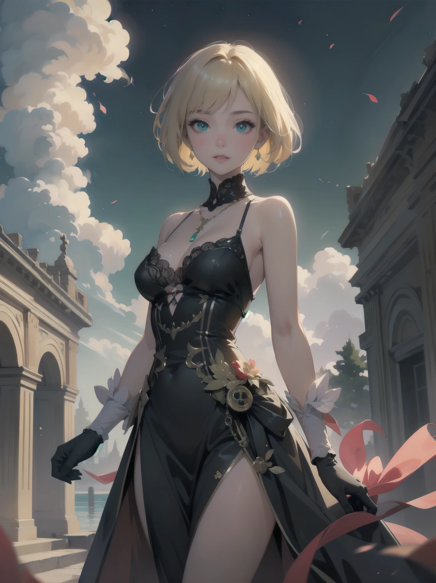 (Masterpiece:1.2), (Top quality: 1.2), Super high resolution, Very detailed,.
BREAK.
, ((Anime girl standing with happiness in her hands)), Crazy girl, (1,Lolita,Boyish, , 12 years old: 1.3), Light smile, , Girl looking like a boy, Bob-cut hair, Shaggy hair, Very large breasts, nubile, slender body, overflowing with soft fat mass. Small hips, Vertically large eyes, Fine and beautiful eyes, Well-proportioned irises and pupils, Expressive eyes, Beautifully detailed lips, High resolution detailed hair, Perfect eyes, Perfect face, Super dense skin, Full fingers, Perfect lighting,.
BREAK,.
((light green necklace)), ((black and red fine dress: 1.3)), light green tie, shining sapphire, lady, wearing white gloves,.
BREAK.
, (Steampunk), Castle balcony, Skyscraper, Night view, Equipment, Ancient ruins, Tradition, Overwhelming, Magnificent, Steam, Pipes, (Steam spewing out from pipes:1.2), Fantasy, Victorian other world, Early 19th century, Road, trees, clouds, night sky, shading, effects, detail. Masterpiece background,
BREAK.
((Positive: 1.3)),.
BREAK.
, digital animated art, cartoon-style illustrations, cartoon illustrations