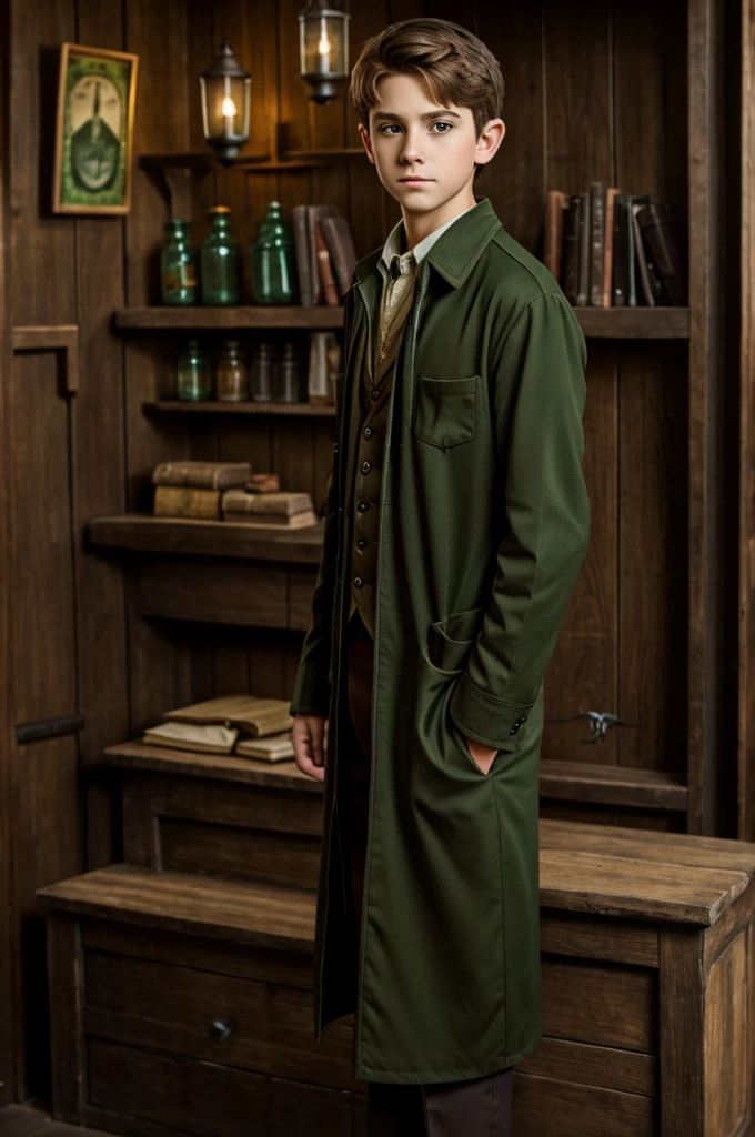The Owl House,15 year old boy with short wavy light brown hair,pointy ears,emerald green eyes,of clothing the hexide uniform of the potions coven.