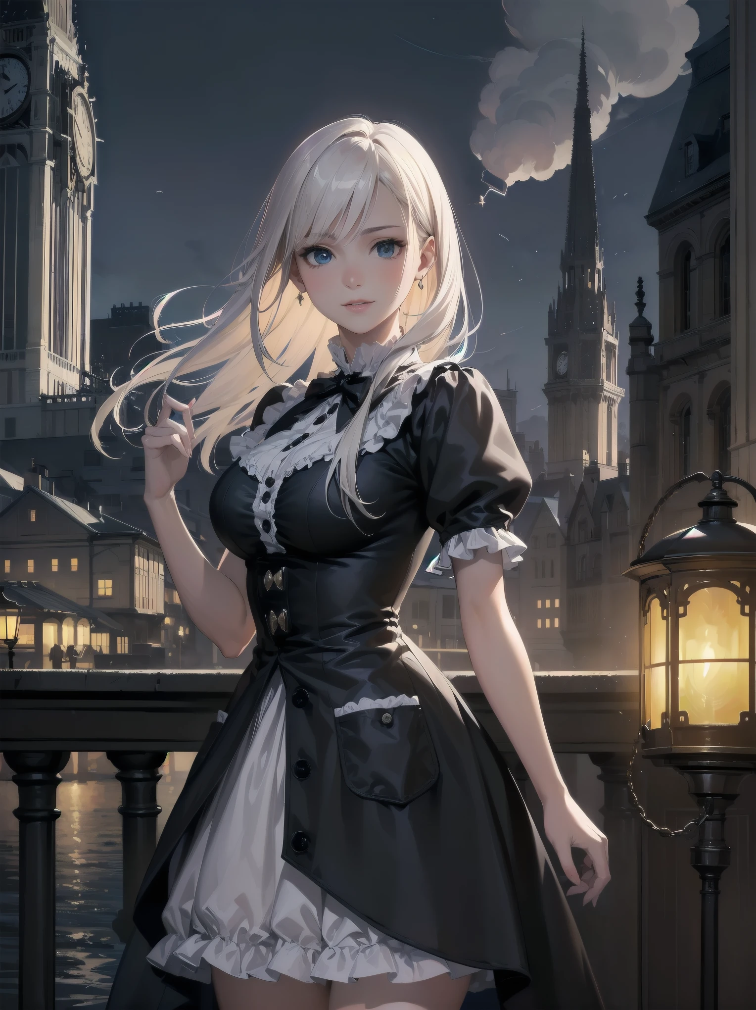 (Highest quality、16K、masterpiece、Ultra-high resolution、Victorian era、Photorealistic:1.2)、A delicate ta girl, aged 13, stands on a castle balcony at dusk, surrounded by the city's skyline and steampunk contraptions. Her platinum hair is messy, framing her androgynous charm. She wears a flowing white dress with a light green tie and holds a pocket watch in hand. A subtle smile plays on her lips as she gazes out at the night view, her eyes shining like sapphires. The air is filled with steam spewing from pipes, adding to the surreal atmosphere. Her skin glows with an ultra-dense texture, and her fingers are full and detailed.