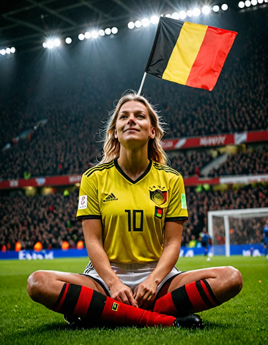 photo originale en pied avec lumière au néon et peinture unique, Drapeau allemand peignant les couleurs sur le visage, une jolie tête de lecture deuts femmes avec 2 amis portant un maillot de football allemand et assis dans un gradin du stade, pose de célébration de but, Cheveux flottants, visage naturel, éclairage sombre, Ambiance des supporters, effet prisme lensflare, Flou de mouvement, style de prise de vue en angle sportif, ultra très détaillé, Peau réaliste, les looks du film, photo prise par Sony A9 avec un objectif large, photo d'Arnau Mas