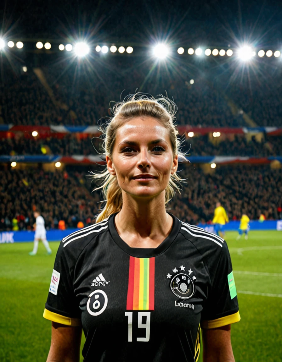 photo originale en pied avec lumière au néon et peinture unique, Drapeau allemand peignant les couleurs sur le visage, une jolie tête de lecture deuts femmes avec 2 amis portant un maillot de football allemand et assis dans un gradin du stade, pose de célébration de but, Cheveux flottants, visage naturel, éclairage sombre, Ambiance des supporters, effet prisme lensflare, Flou de mouvement, style de prise de vue en angle sportif, ultra très détaillé, Peau réaliste, les looks du film, photo prise par Sony A9 avec un objectif large, photo d&#39;Arnau Mas