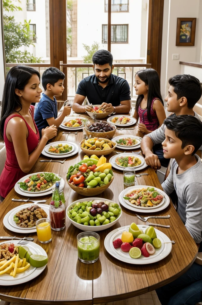 A dining table with two opposite ends. At one end, a family enjoying a balanced meal with fruits, vegetables, water and healthy proteins. At the other end, a person alone in front of a table full of junk food, soft drinks and sweets, with a sad and tired looking lively 