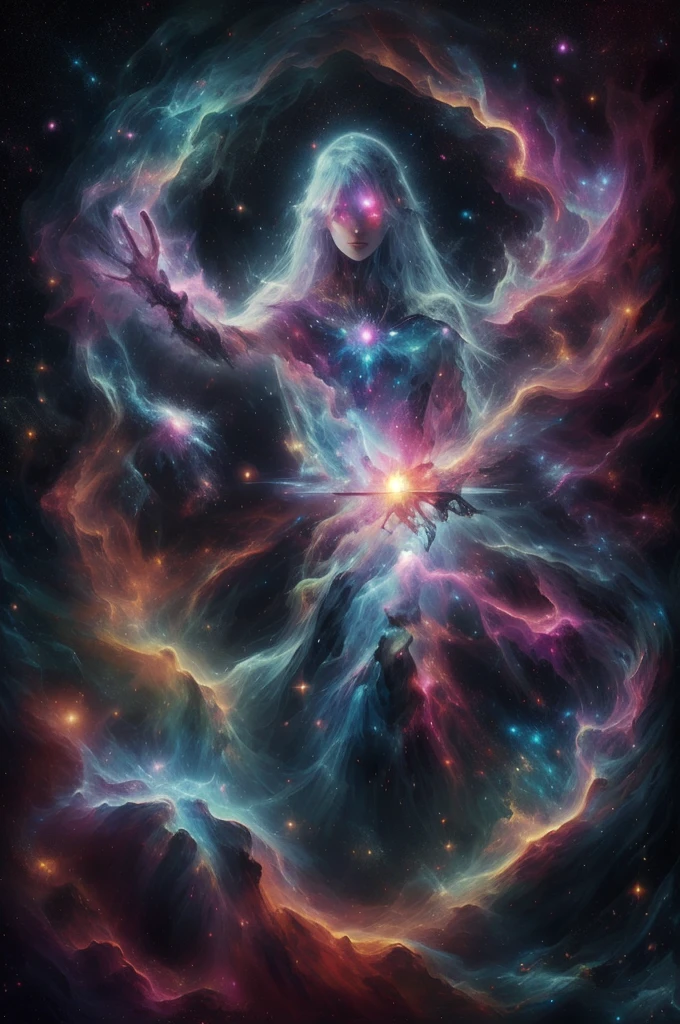 martius_nebula beautiful bright proton sorceress cosmic hand, Making his hands in space, A nebula as a book, Nebula Hand Martius_nebula beautiful bright proton magician martius_A cyborg warrior imbued with nebula lightning, black cloak.