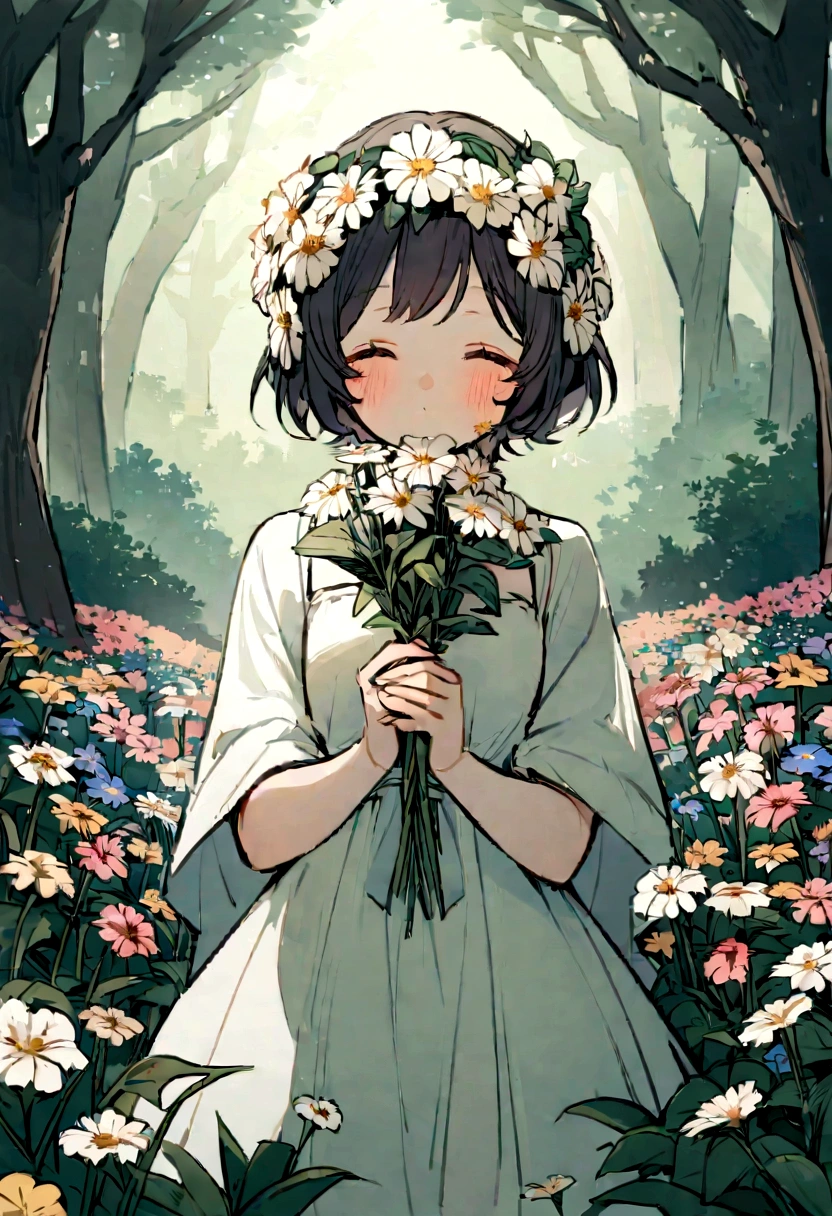 there is a girl in a red and white dress holding a bouquet, girl in flowers, picking flowers, holding flowers, picking a flower, girl standing in the flower field, girl standing in a field of flowers, flowers on her cheeks, girl in a flower field, portrait of girl in flower field, girl walking in the forest, girl with a flower head