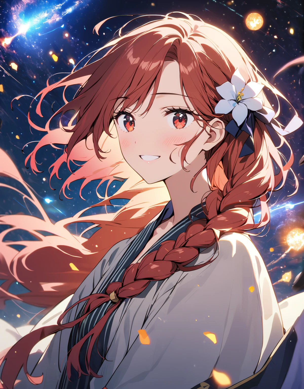 1 Girl. Old-fashioned smile. flowerびら.  __flower__. four seasons. Bokeh. close.background輝くflower畑
ナイスボディ,  beautiful 肌. oily 肌. Very delicate and beautiful. Very detailed. Clear Eyes. Red hair light shines. Mysterious atmosphere. Hair accessories with attention to detail、Hair is tied））、background((Amazing starry sky、meteor、Black Hole))、Robe
 