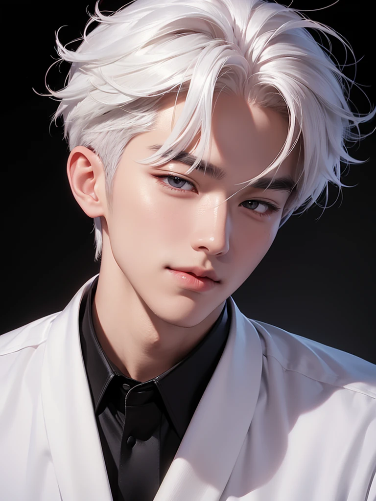 handsome korean boy, white hair, arrogant smile, fair skin, black shirt, black wallpaper, portrait angle, soft face, pink blush, lower angle