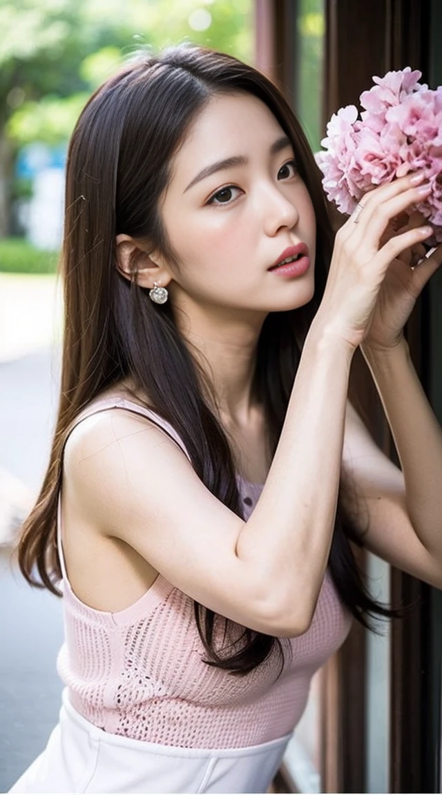 Dark brown hair、Light brown eyes、Japanese actress、 Lady、I am about 40 years old..、(Intricate details:1.2)、(Which one is on top??:1.4)、 (Ultra-high resolution:1.2)、Ultra-high resolution、(Finely tuned)、(Detailed facial features)、Hmph、8K resolution、D cup size breasts、Long Hair、Blocks sunlight and shade、A balcony with a resort feel、Pink flowers are decorated in the background、Pink flowers blooming in a resort area、Decorate your ears with deep pink flowers、white wall、white floor、Full body photo、Head to toe shot、Beautiful legs、white　One piece with a wide open back、Blackpink Jenny　私 took this photo with the image of、Beautiful legs、she, Fashion Hub, Extreme Detail, Very detailed, Realistic, Hourglass-shaped body, Obscene pose、Lift your chin a little、Please open your mouth a little、Poses that make you feel weak、Are crying、Deep sorrow、Stretch your hands out towards me、