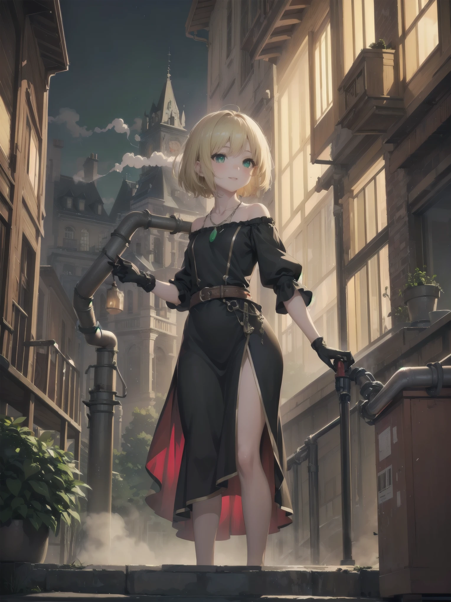 (masterpiece:1.2), (Highest quality:1.2), Ultra-high resolution, Very detailed, break, ((Anime girl standing with happiness in her hands)), Clear Girl, (1 person,Lolita,boyish, , 6 years old:1.3), A light smile, , girl who looks like a boy, Bob cut hair, ((Blonde Hair)), Messy Hair, A super-sized chest overflowing with soft fat masses、Waistline、Slender body, Small Ass, Small green eyes,Fine and beautiful eyes, Well-proportioned iris and pupil, Expressive eyes, Beautiful and detailed lips, High resolution detailed hair, Perfect Eyes, Perfect Face, ultra high density skin, Full Finger, Perfect lighting, break, ((Light green necklace)), ((Black and red luxury dress:1.3)), light green tie, Sparkling Sapphire, Lady, Wear white gloves, break, (steampunk), Castle balcony, Skyscraper, Night view, Equipment, pipe, (Steam spewing out from pipes:1.2), Fantasy, break, ((Positive:1.3)), break, Digital anime art,Anime style illustrations,Anime illustration