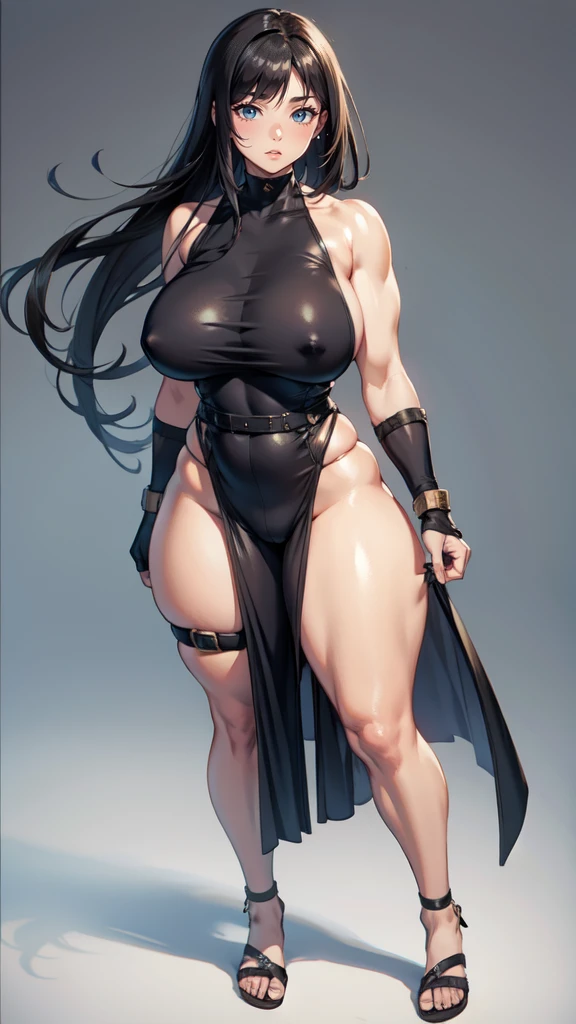 (masterpiece), best quality, female warrior, huge girl, female muscular:1.2, (curvy), ((thick thighs:1.5)), (((blank background))), ((full body)), fingerless gloves, sandals, sleeveless, covered nipples, (underboobs:1.3), thin hair, straight hair, black hair