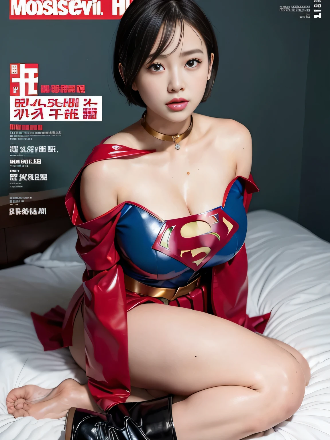 masterpiece、Enamel Supergirl Costume、short hair、Patent leather boots、Big and ample breasts、looking at the camera、choker、Long sleeve、Off the shoulder、mini skirt、Red cloak、Sweaty skin、Hospital room、Photo magazine cover、Beautiful Body、