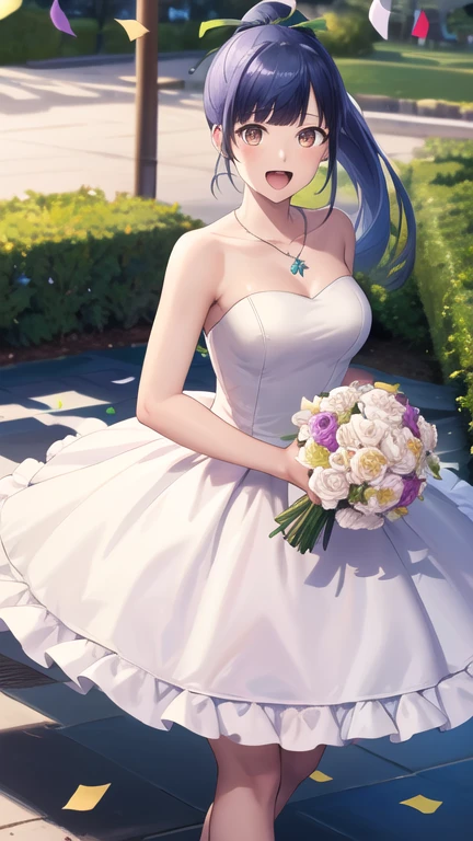 masterpiece, best quality, highres, 1girl, solo, long hair, blue hair, ponytail, hair ribbon, brown eyes, wedding dress, white dress, strapless, necklace, garden, holding bouquet, smile, open mouth, standing, cowboy shot, confetti,