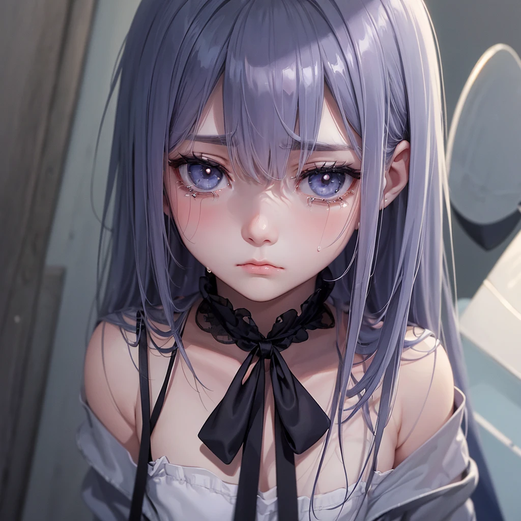 A sad girl with a sad expression, she has sad clothes, She is always crying and has a droopy and discouraged face with clothes and appearance that portray sadness and loneliness., She resembles a mystical being, but it looks elegant