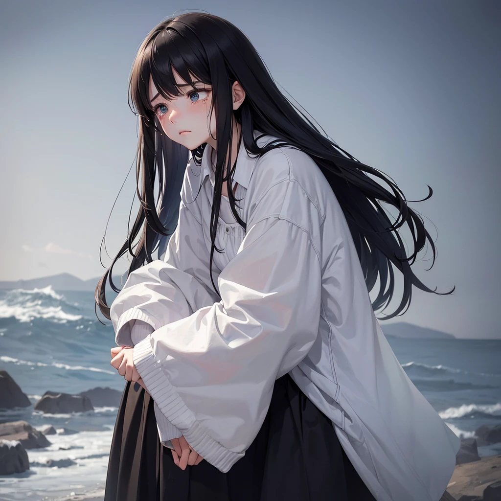 A sad girl with a sad expression, she has sad clothes, She is always crying and has a droopy and discouraged face with clothes and appearance that portray sadness and loneliness., She resembles a mystical being, but it looks elegant