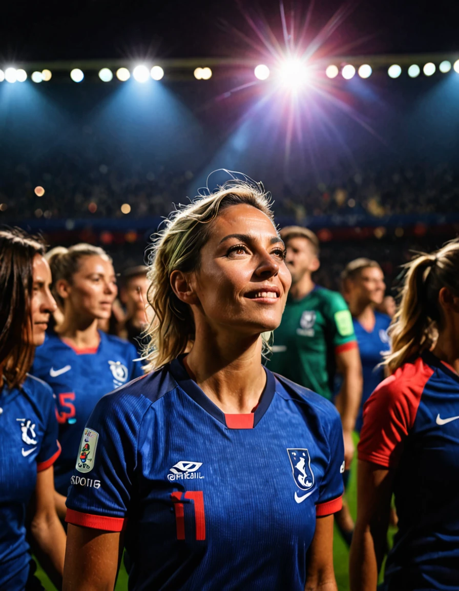 photo originale en pied avec lumière au néon et peinture unique, Drapeau français peignant les couleurs sur le visage, une jolie tête de lecture deuts femmes avec 2 amis portant un maillot de football français et assis dans un gradin du stade, pose de célébration de but, Cheveux flottants, visage naturel, éclairage sombre, Ambiance des supporters, effet prisme lensflare, Flou de mouvement, style de prise de vue en angle sportif, ultra très détaillé, Peau réaliste, les looks du film, photo prise par Sony A9 avec un objectif large, photo d&#39;Arnau Mas