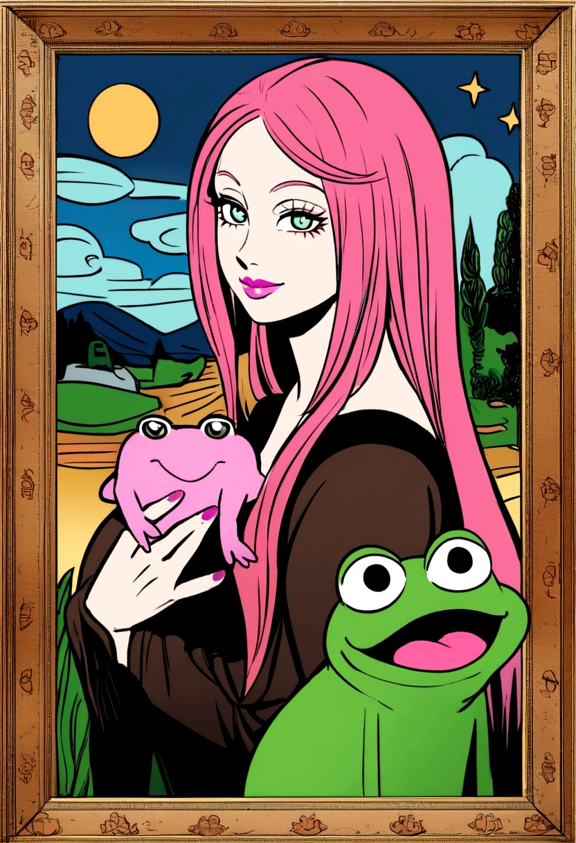 featuring a pepe woman with pink hair and a pink frog, Pepe women the Frog styled as the Mona Lisa.