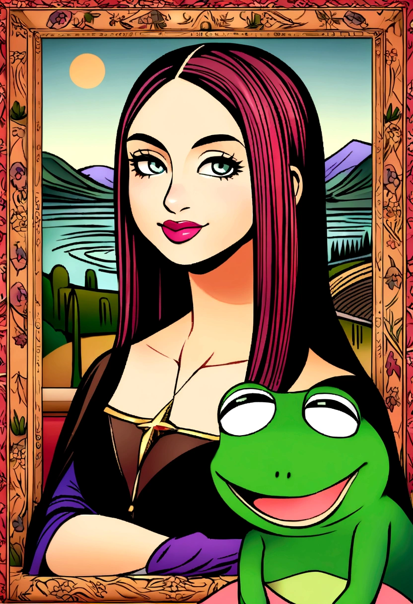 featuring a pepe woman with pink hair and a pink frog,  Pepe women the Frog styled as the Mona Lisa. 

