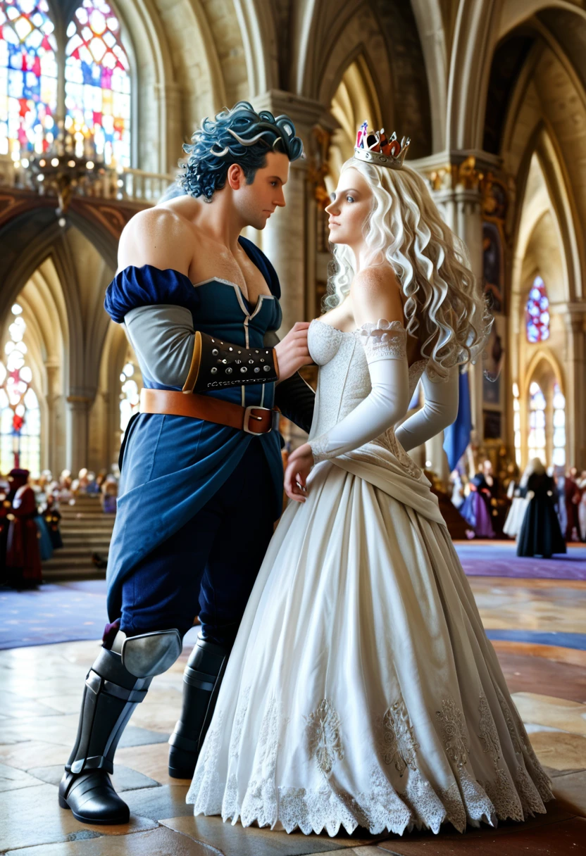 A full-body cinematic photo of a Targaryen royal boy and girl, boy1 has loose shoulder length curly white hair, his a striking indigo eyes, is very athletic, tall and he is wearing intricate royal raiments with a obsidian dragon crown , girl1 is , a bit chubby, beautiful with soft mauve colored eyes, long curling white that ends near her knees, freckles, she is wearing gorgeous finely masterfully tailored crimson intricate Queen’s gown with a whimsical crown made of a meteorite, medieval decor, castle interior, dragon decor, beautiful couple, loving couple, holding each other pose, 8k, photorealistic, beautiful skin, perfect face, wallpaper quality, octane render, sun dappled, 35mm, pretty lighting, pretty, fantasy setting, duo