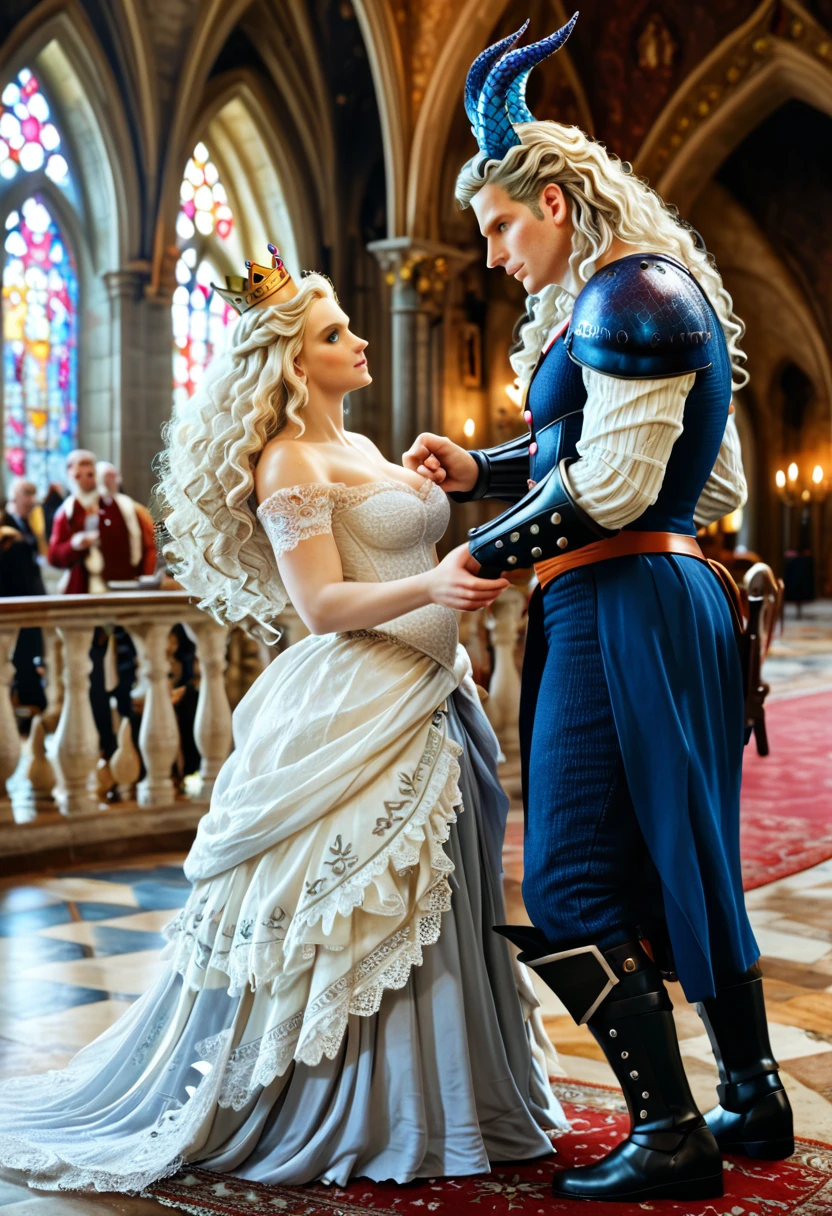 A full-body cinematic photo of a Targaryen royal boy and girl, boy1 has loose shoulder length curly white hair, his a striking indigo eyes, is very athletic, tall and he is wearing intricate royal raiments with a obsidian dragon crown , girl1 is , a bit chubby, beautiful with soft mauve colored eyes, long curling white that ends near her knees, freckles, she is wearing gorgeous finely masterfully tailored crimson intricate Queen’s gown with a whimsical crown made of a meteorite, medieval decor, castle interior, dragon decor, beautiful couple, loving couple, holding each other pose, 8k, photorealistic, beautiful skin, perfect face, wallpaper quality, octane render, sun dappled, 35mm, pretty lighting, pretty, fantasy setting, duo