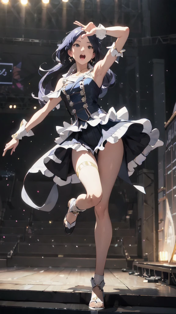 ((masterpiece)), (Highest quality), Official Art, Highly detailed CG, unity 8k wallpaper, Super detailed,
One girl, Lynn Minmay, stage, Idol, Bare shoulders, necklace, Open your mouth, sing, stage, Spotlight, ponytail,
whole body,Long Hair,universe,Two Legs,Five fingers,Holding a microphone,Hold the microphone with both hands,Change the pose,Not lifting the leg