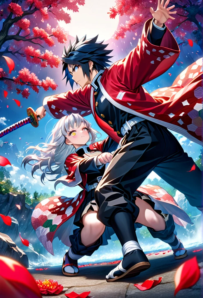 Ultra detailed, high resolution, absurd, HDR, masterpiece, anime girl and boy, beautiful woman with long white hair with deep red streaks, girl with yellow eyes, the girl is wearing a red haori, black demon slayer uniform, Kimetsu No Yaiba, fantasy, petals, red flowers, beautiful, Tomioka Giyu, Water Hashira, Tomioka is training the girl using katanas, sun, daylight, best quality, extremely detailed face, anime, attack position, Tomioka Giyu is teaching the girl fighting, full body, they are in front of each other, both holding katanas