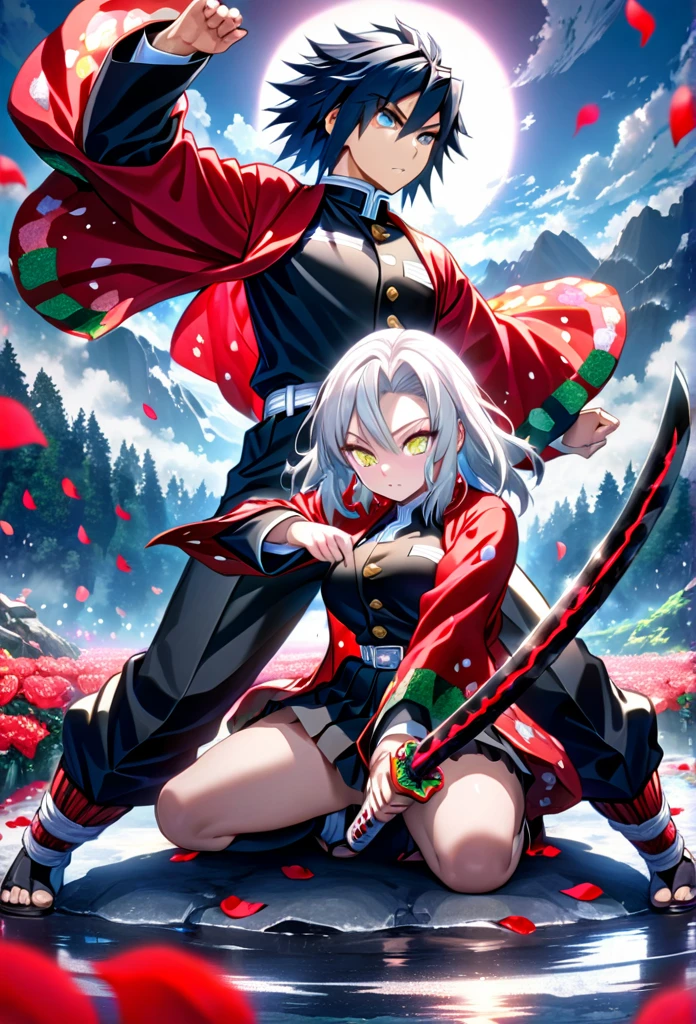 Ultra detailed, high resolution, absurd, HDR, masterpiece, anime girl and boy, beautiful woman with long white hair with deep red streaks, girl with yellow eyes, the girl is wearing a red haori, black demon slayer uniform, Kimetsu No Yaiba, fantasy, petals, red flowers, beautiful, Tomioka Giyu, Water Hashira, Tomioka is training the girl using katanas, sun, daylight, best quality, extremely detailed face, anime, attack position, Tomioka Giyu is teaching the girl fighting, full body, they are in front of each other, both holding katanas