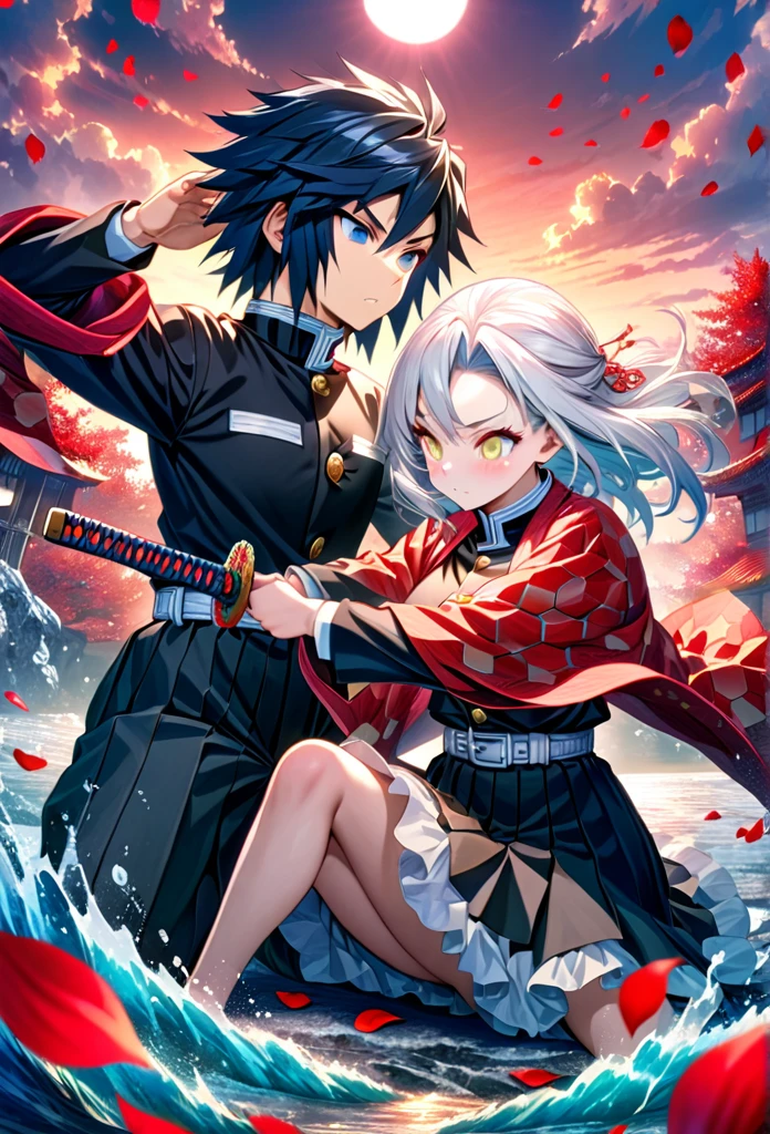 Ultra detailed, high resolution, absurd, HDR, masterpiece, anime girl and boy, beautiful woman with long white hair with deep red streaks, girl with yellow eyes, the girl is wearing a red haori, black demon slayer uniform, Kimetsu No Yaiba, fantasy, petals, red flowers, beautiful, Tomioka Giyu, Water Hashira, Tomioka is training the girl using katanas, sun, daylight, best quality, extremely detailed face, anime, attack position, Tomioka Giyu is teaching the girl fighting, full body, they are in front of each other, both holding katanas