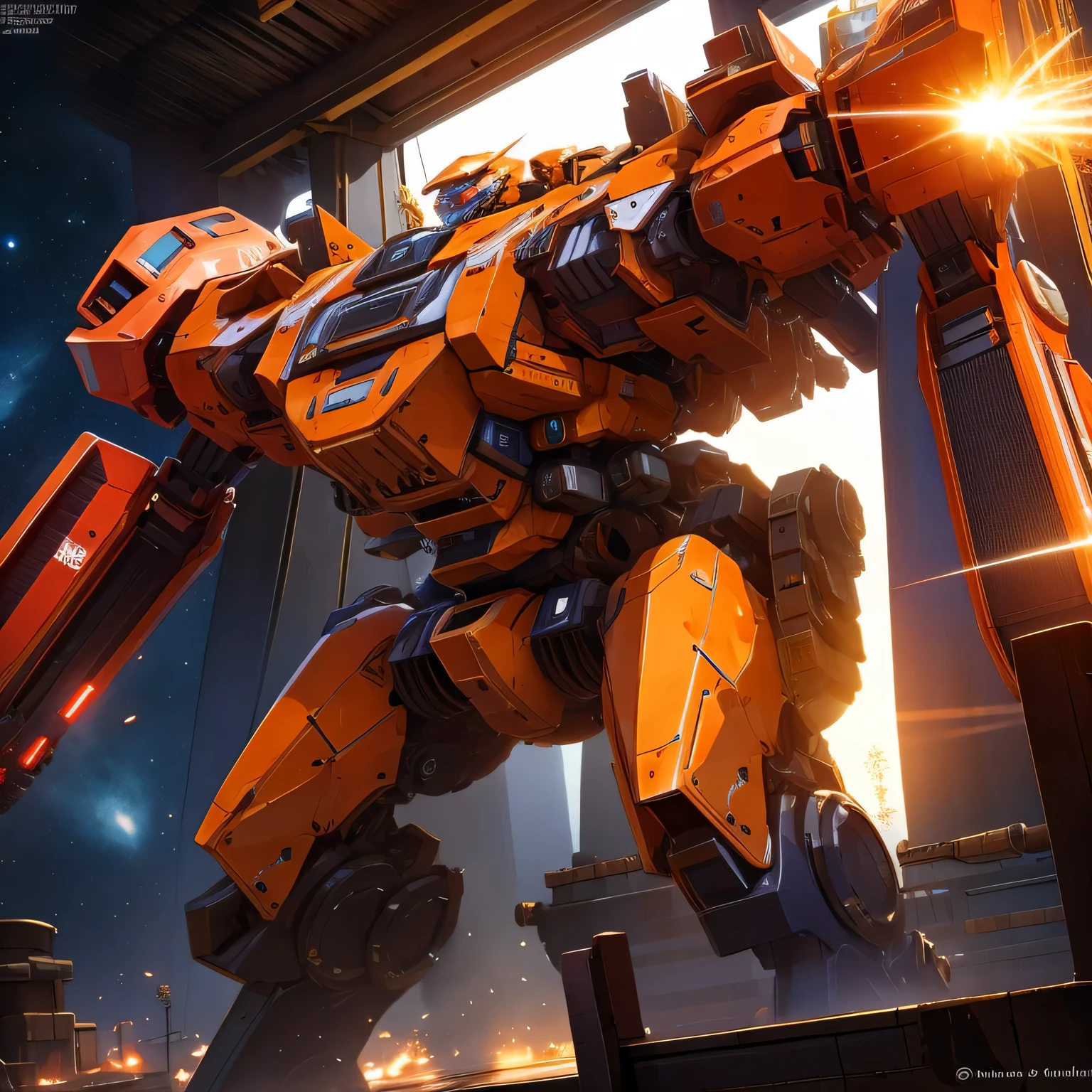 Orange mech with white details, carried a double tower-shaped shield. Square body and octagonal connections brought a more sacred air, as well as its heavy and massive size to withstand heavy blows. extremely detaild, intricate, 8K, HDR, naturallight, cinematic lighting, masterpiece-anatomy-perfect, ultra HD, Space Combat, Battlefield, Unreal engine 5, RAW photo, metallic, professional.