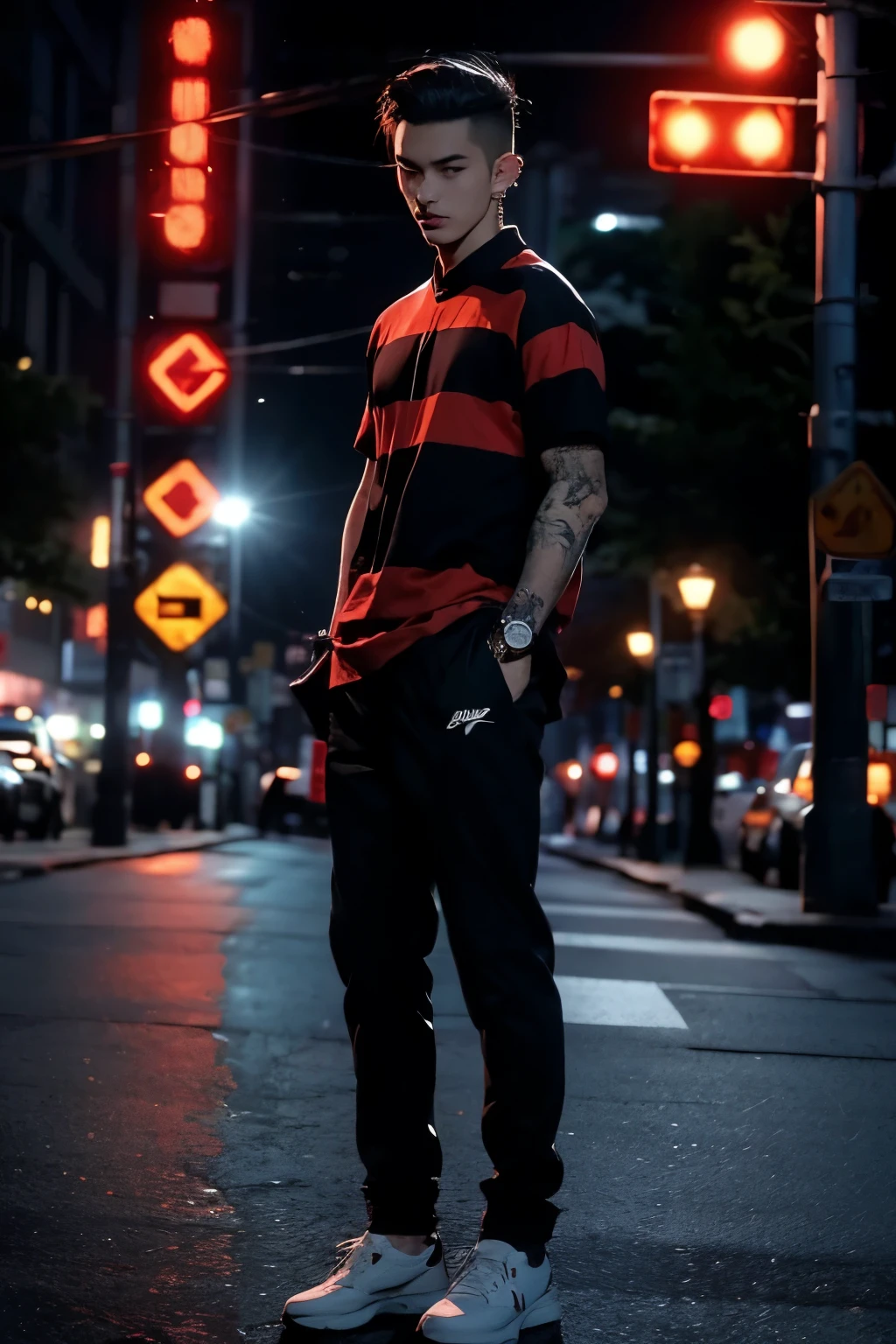 1 men, full body, flanel, traffic signlights