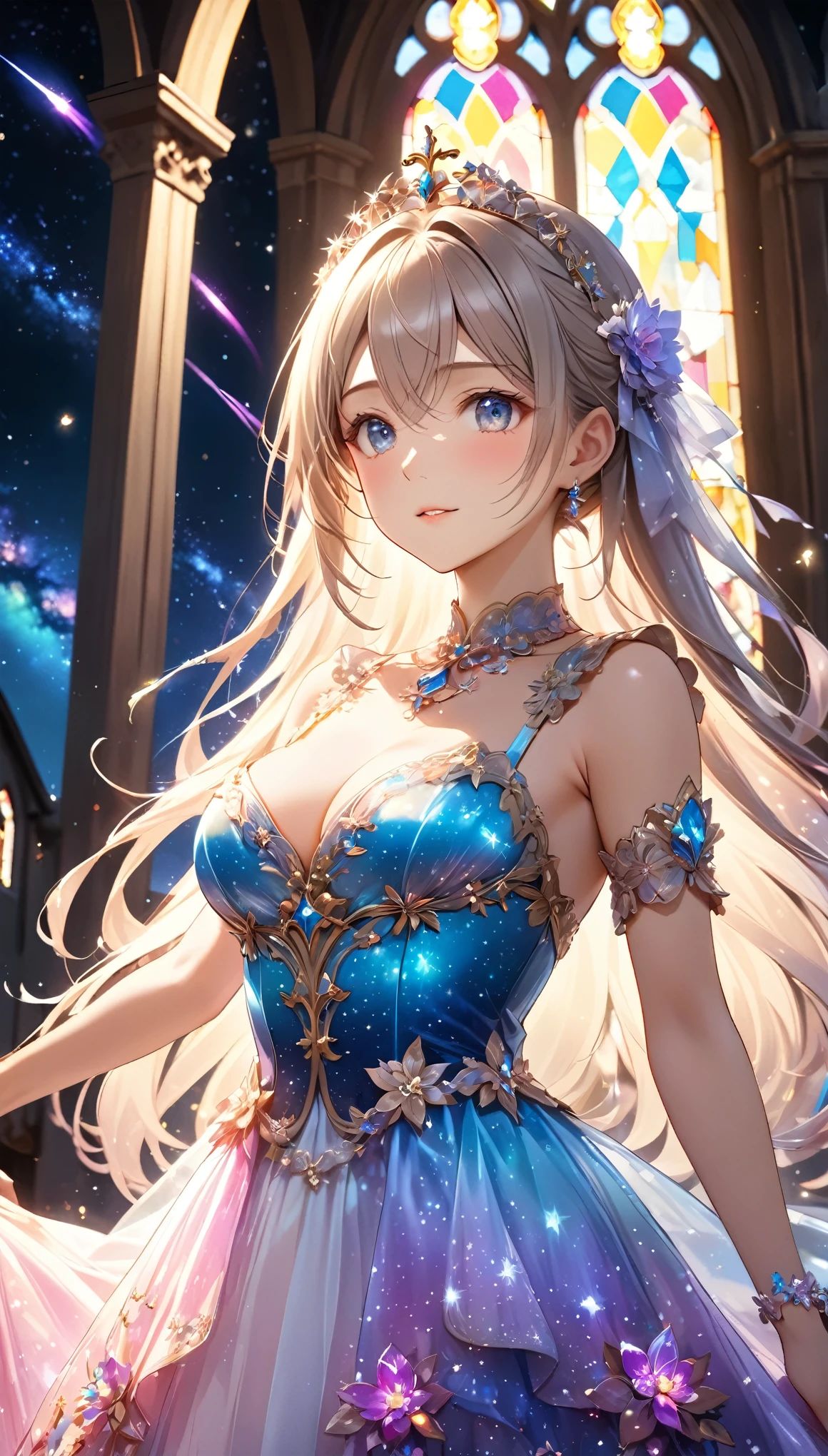 Highest quality, Highest quality, 16K, Unbelievably absurd, Very detailed, 2.5D, delicate and dynamic, under water, In the water, Swimming in the ocean, Brightly colored coral, Small faint lights and flying fireflies, night, Starry Sky, milky way, nebula, shooting star, Flowers,, Very delicate facial expressions, Delicate eye depiction, Upper body close-up, erotic, dynamic sexy poses, Only sexy women, Healthy body shape, 22-year-old woman, Aristocratic women, Height: 170cm, Large, firm, swaying bust, Colorful floral ornaments, Crystal translucent dress, Wrap your whole body in a semi-transparent cloth, A long dress with a complex structure, Colorful long dress, In the waterに浮かぶドレス
