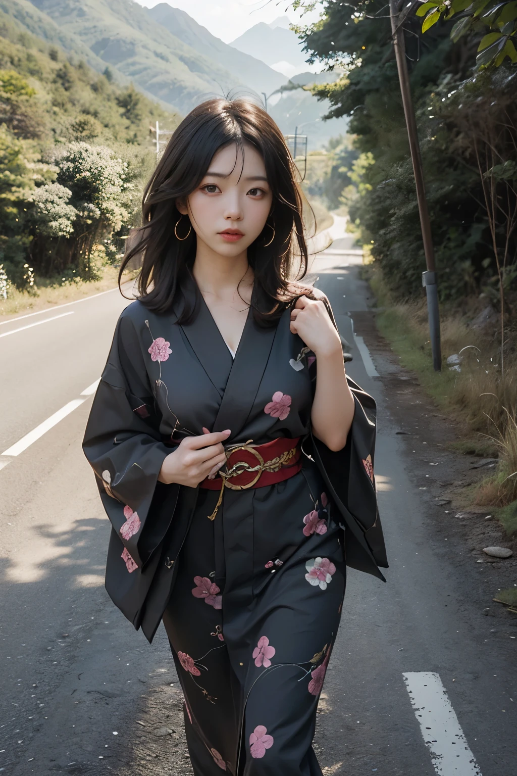 Beautiful,Junko Ishihara,Over Amagi,Prostitute,or period,Years falls,Flame of Love,Disheveled Japanese clothing,In the mountains,The twists and turns of the deep mountains,Flames of Passion,Mature women in their thirties,A devoted beauty,Disheveled Hair,Disheveled outfit,A half-crazed woman obsessed with love,Disheveled, thin kimono,thin yukata,A distraught yukata wearer,Female Artist,Narrow eyes,Single-minded gaze,Simple string belt,or period,Dark mountain path,Crossing the mountain pass,Unpaved mountain roads,On the road through the dark forest,Unpaved road,promenade,Mountain trail,Dirt Road,登Mountain trail,When the road wasn't paved yet,Old mountain path,ground road,carriage,rickshaw,She's wearing light clothing and her chest is exposed.,Beautiful Mature Woman,Her chest is open, exposing her beautiful nipples.,A narrow, winding road leading uphill,Mountain path where you can see the bare ground,A lightly dressed kimono that is slightly disheveled,Road in the Middle Ages,No cars, only horses and rickshaws,A narrow road just wide enough for one person to pass through々A path through a dark mountain forest covered with snow,Steep dirt road,Dirt-stained area around the feet,Climbing dangerous mountain trails,Animal trail,Unpaved road,Paths for wild boars, etc.,Extremely small and flat chest,Beautiful nipples,The face of a virtuous angel with many good experiences,A beautiful face like a legendary celestial maiden,Unpaved mountain road,Indigo yukata,Wearing cute wooden women's can,No baggage,Holding a single flower,On the ground in the mountains,in the forest,A tall peak in the distance々,A thin yukata with a simple, plain geometric pattern,Beautiful nipples,Beauty,The length of the yukata is long,Face close-up,promenade,Kemono Road,All gravel roads,All off-road,Dark Night Road,Moonlight only,Are thin,Leaner figure,A slender beauty with an unfortunate past,Dark night road in the forest,One straight road,Hanni in New Jeans,off road,Private roads,animal trail,