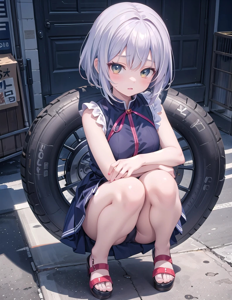 Anime girl in blue sitting on a tire, Beautiful anime girl squatting, Attractive anime girl, Anime girl squatting, Thickness, pixiv 3dcg, In Pixiv, , Smooth anime CG art, Makoto, Makoto shinka, bend over, Yoshitomo Nara