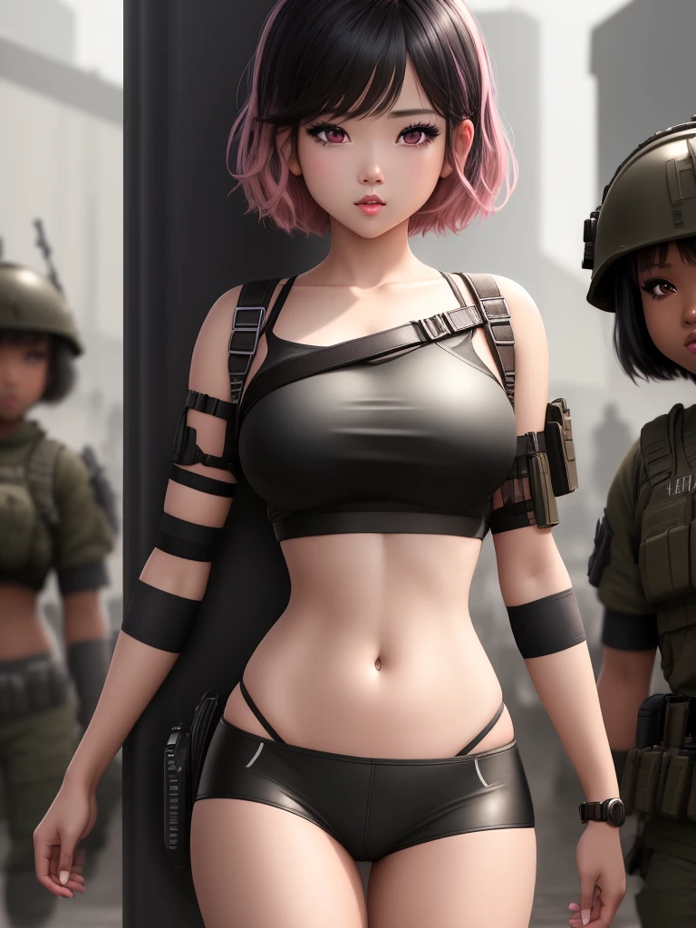 masterpiece, best quality, solo focus, extremely detailed 8k CG unity wallpaper, 1girl with short bob cut hair, glowing eyes, crop top, (dark skin:1.5, army girl), toned, big ass, contrapposto, nighttime, pink eyes, blank background,anime waifu sketch,black and white