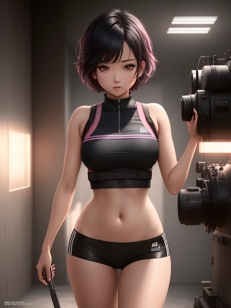 masterpiece, best quality, solo focus, extremely detailed 8k CG unity wallpaper, 1girl with short bob cut hair, glowing eyes, crop top, (dark skin:1.5, army girl), toned, big ass, contrapposto, nighttime, pink eyes, blank background,anime waifu sketch,black and white