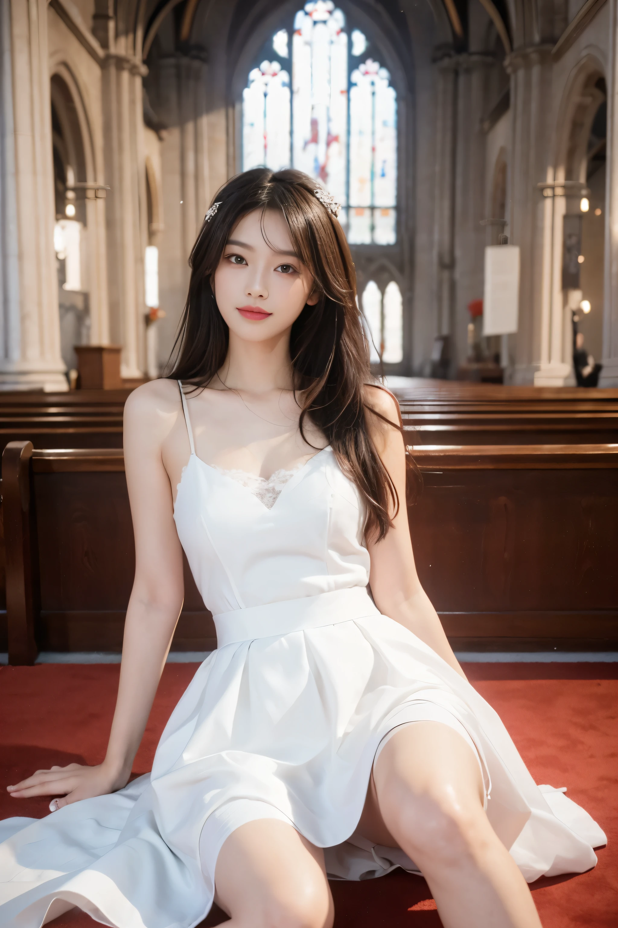 Beautiful 25 year old tall and slender woman。perfect legs. perfect face. She is fashion model. She is staying in the old classic church. She is wearing a wedding dress that a leg is visible. She is illuminated by sunset light. the evening church lights is on . her dark brawn hair. High resolution、masterpiece、highest quality、頭w:1.0、((Hasselblad Photos))、fine skin、(movie lighting)、clavicle . full body picture.