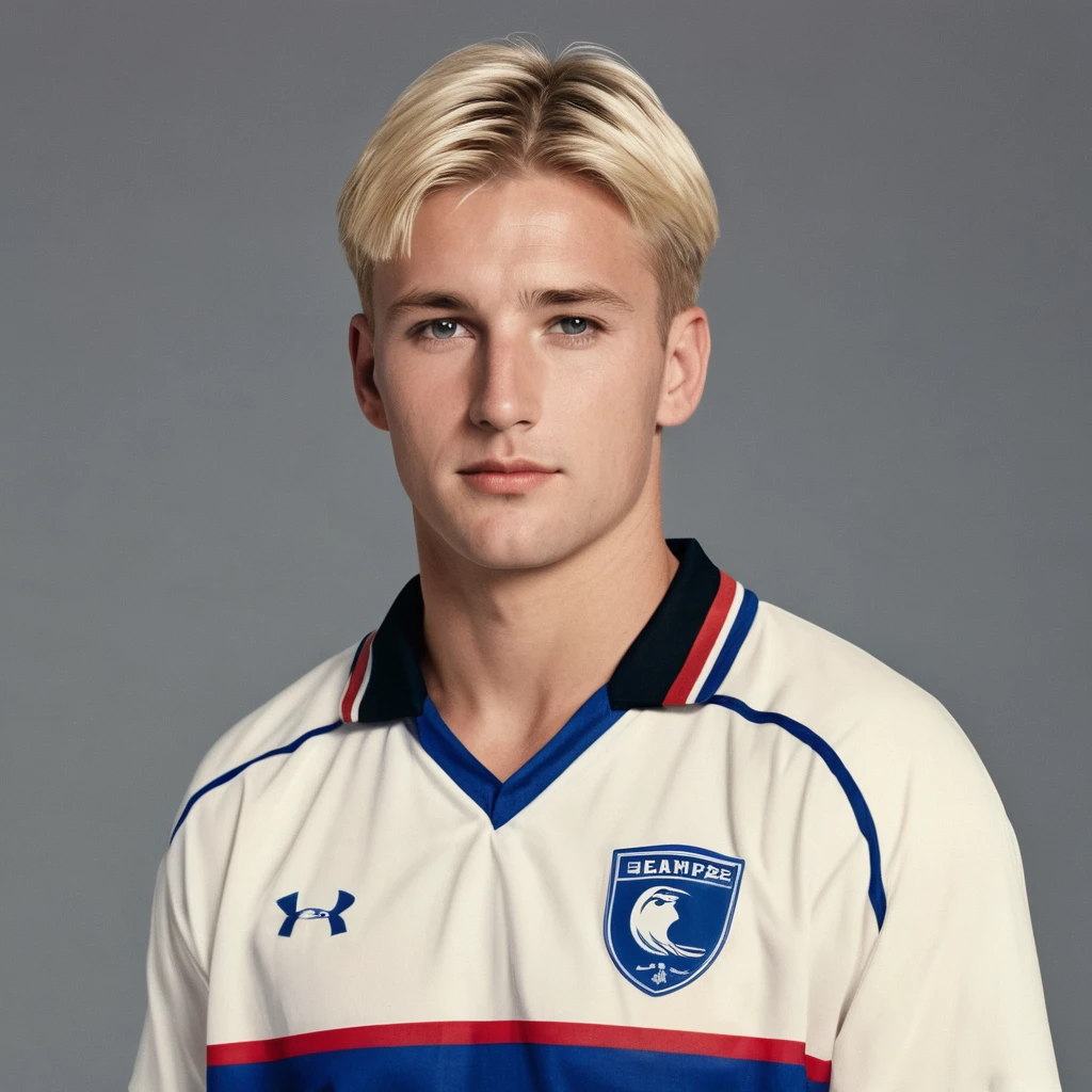 A blond male football player with short hair, shirt 10 of a team with the blue uniform and black shorts from the 90s